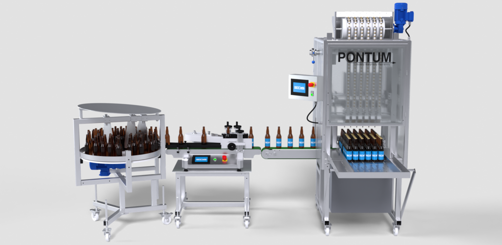 Compact long tube bottle filler FK1-6 from Pontum with 6 filling lines and labeler